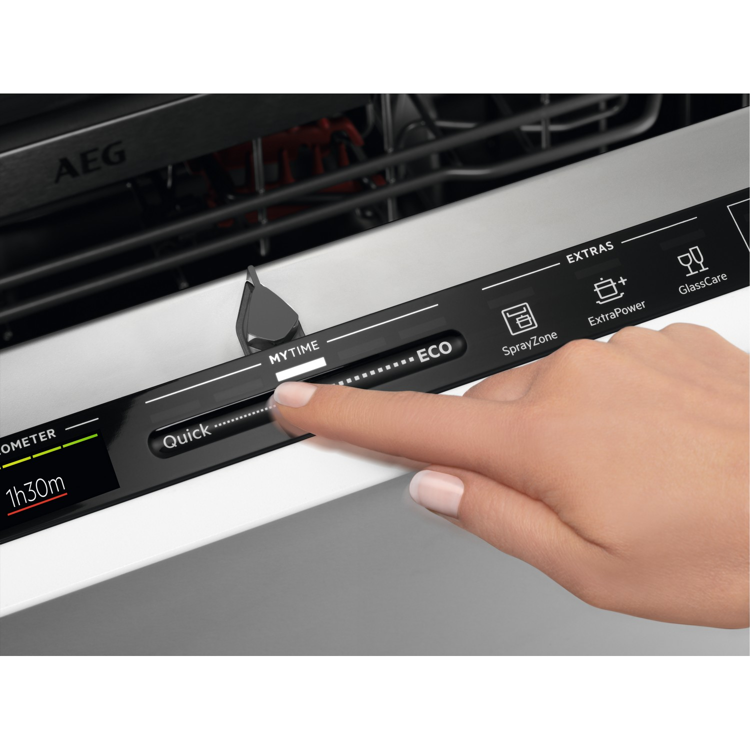 A hand touching a dishwasher control panel with a quick cycle setting.