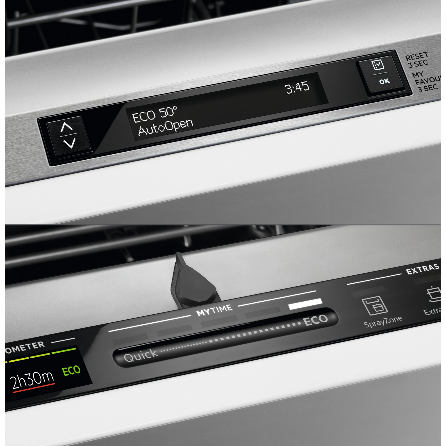 Dishwasher control panel with display showing time and settings.