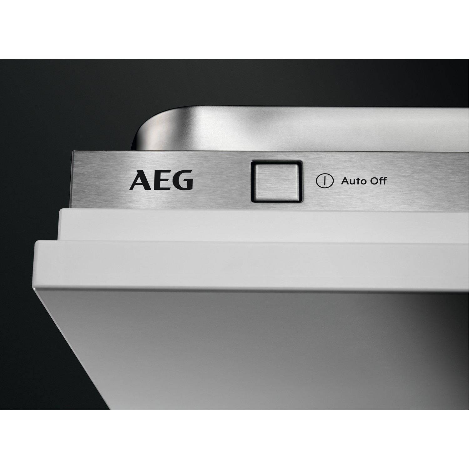 Close-up of a stainless steel AEG dishwasher control panel with a power button and auto off.