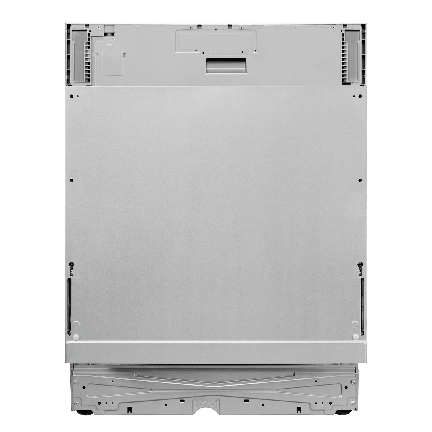 Back of a dishwasher with a metal panel and various technical components.