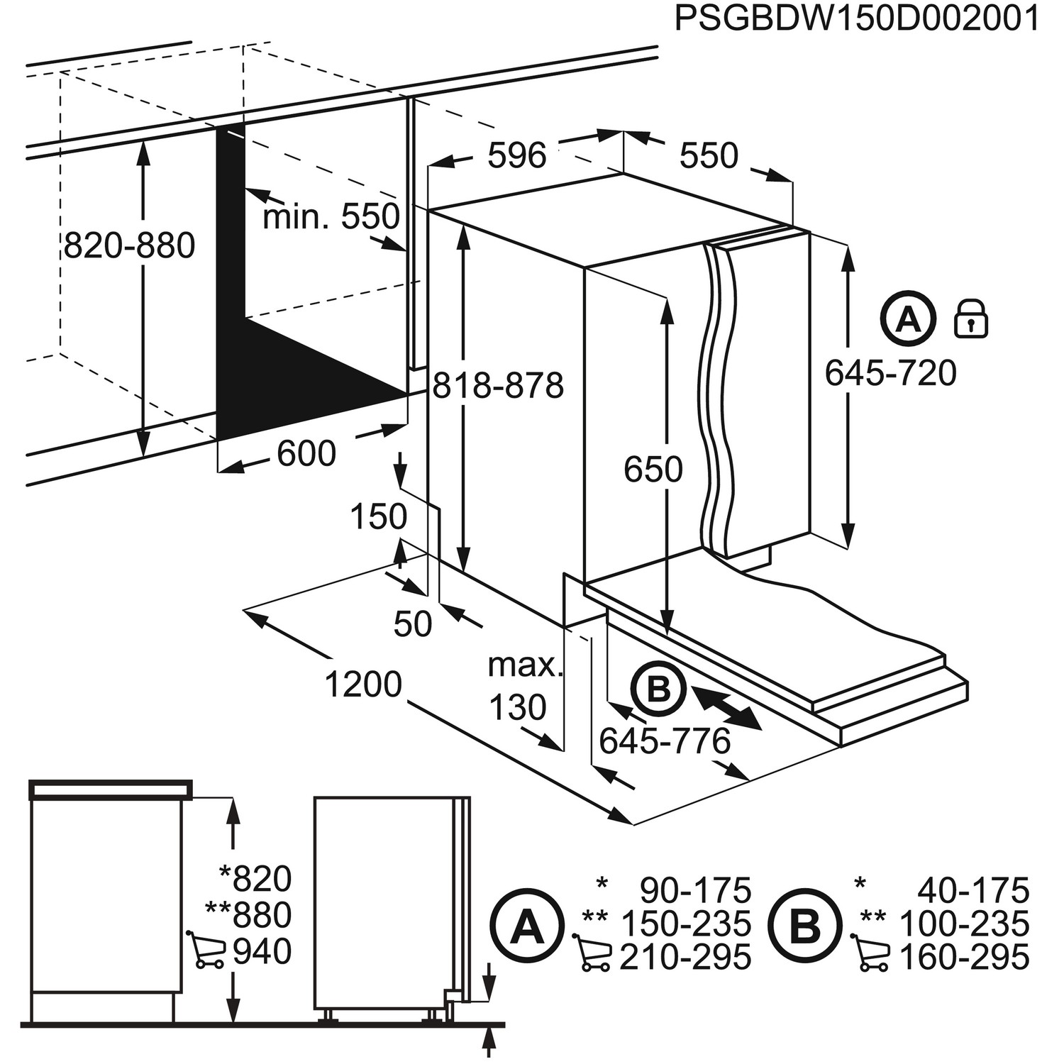 A technical drawing of a dishwasher, showing dimensions and placement within a kitchen layout.