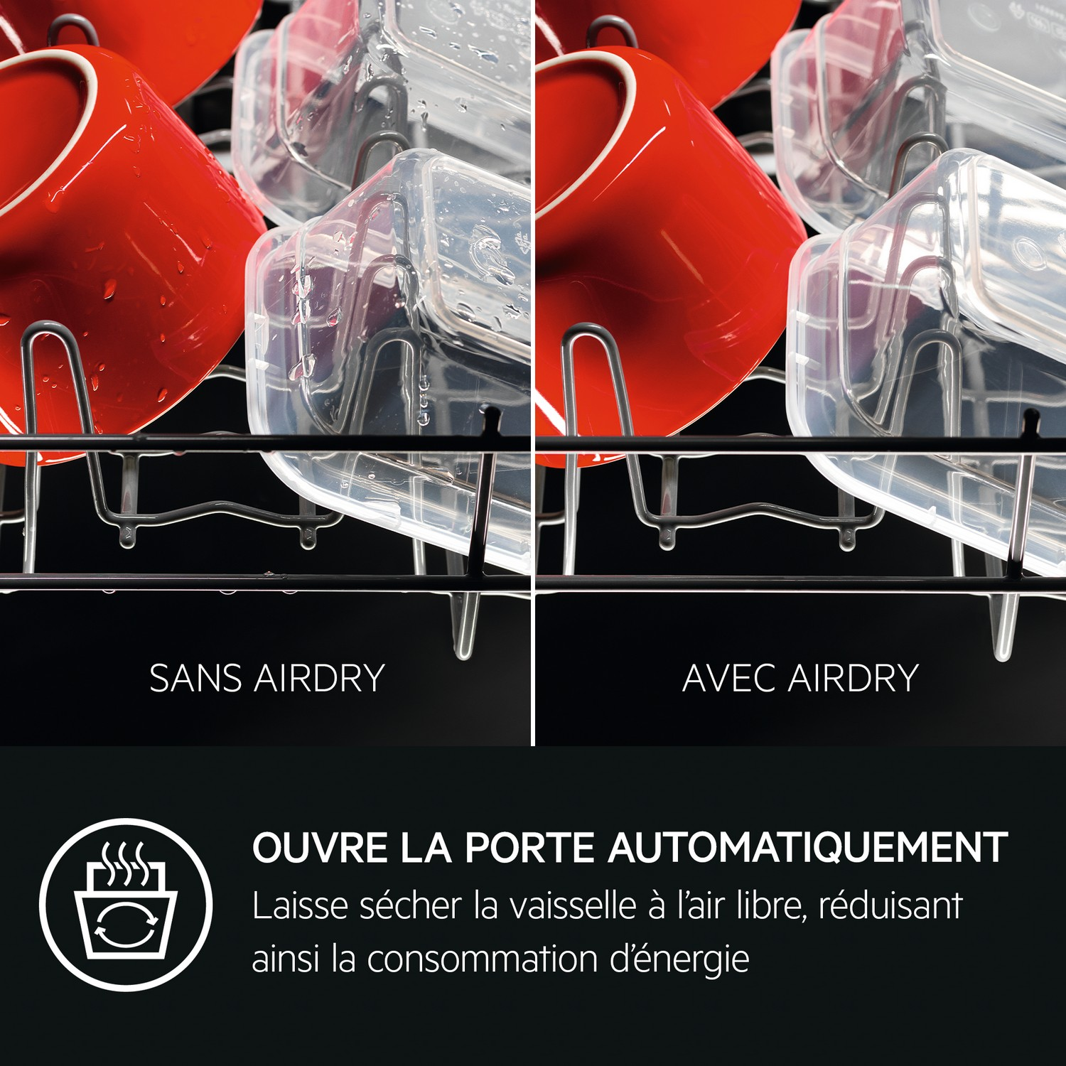Porte du lave-vaisselle ouverte, montrant tasses rouges et contenants clairs, texte sur séchage à l'air.