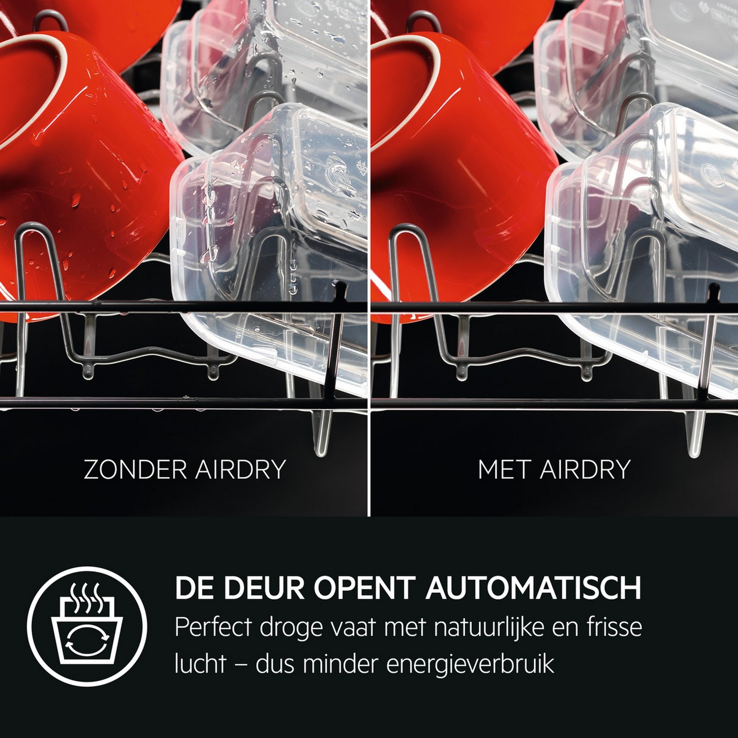 Afbeelding van een vaatwasser met twee secties. Rode mokken en doorzichtige plastic bakjes, met labels.