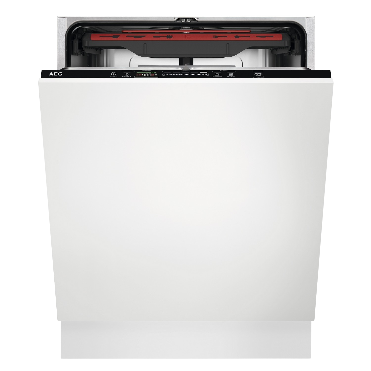 Lave-vaisselle encastrable blanc avec porte ouverte. Intérieur visible avec éléments rouges.
