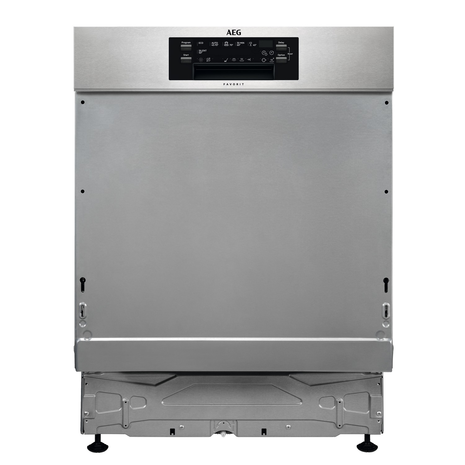 Lave-vaisselle AEG, façade en acier inoxydable, panneau de commande en haut.