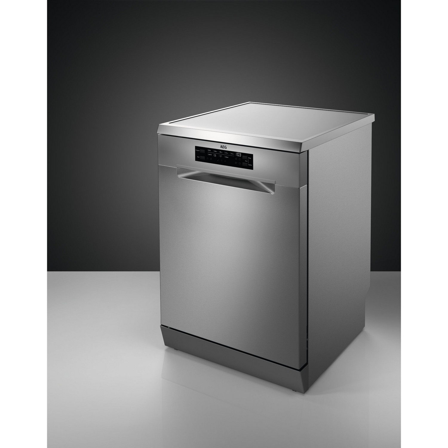 Silver stainless steel dishwasher with a dark grey background and a white surface.