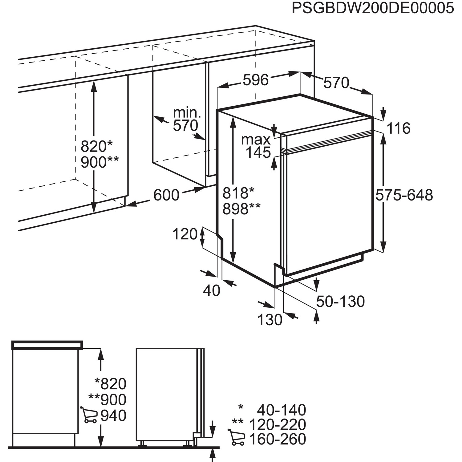 Dessin technique d'un lave-vaisselle avec dimensions et mesures.