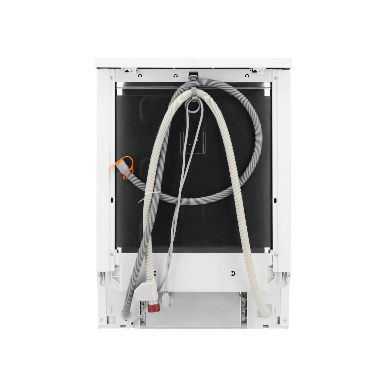 Back of a white dishwasher with hoses and tubes visible. The interior is black.