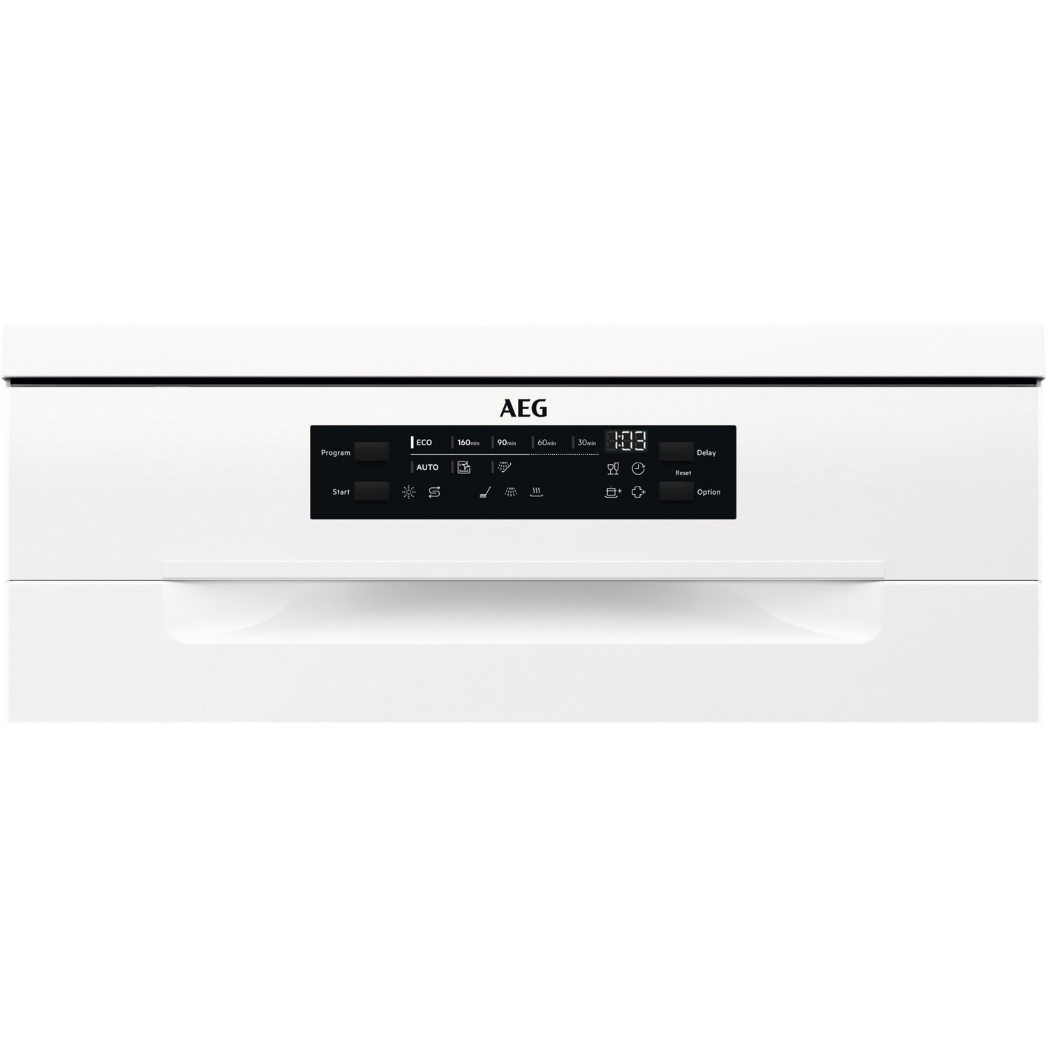 White dishwasher control panel with buttons and display, with an AEG logo.
