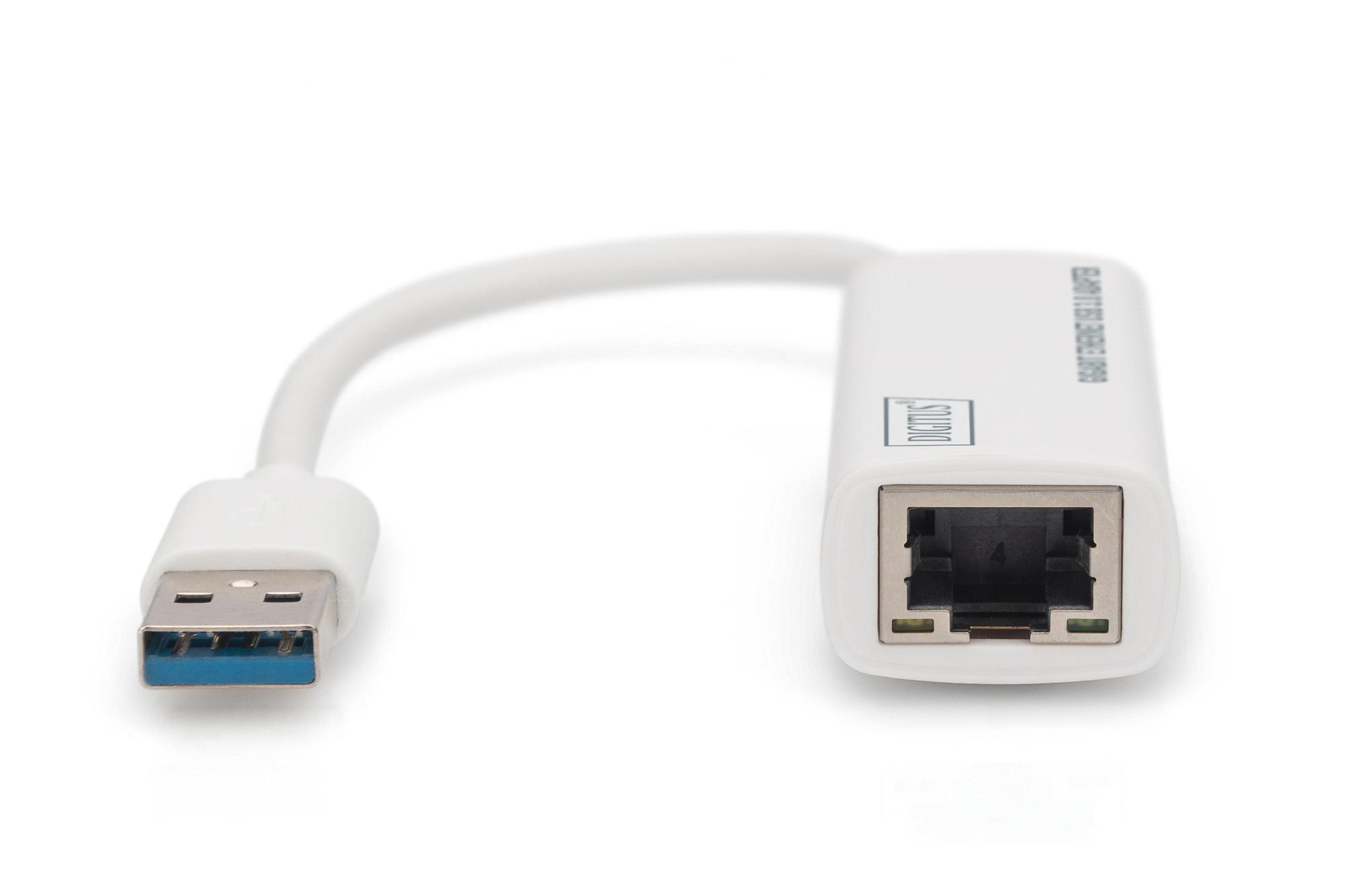 Ein weißer USB-zu-Ethernet-Adapter mit einem USB-Anschluss und einem Ethernet-Port.