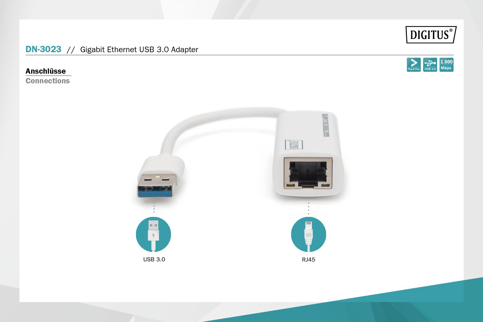 Ein weißer USB 3.0-zu-Gigabit-Ethernet-Adapter mit USB- und RJ45-Anschlüssen.