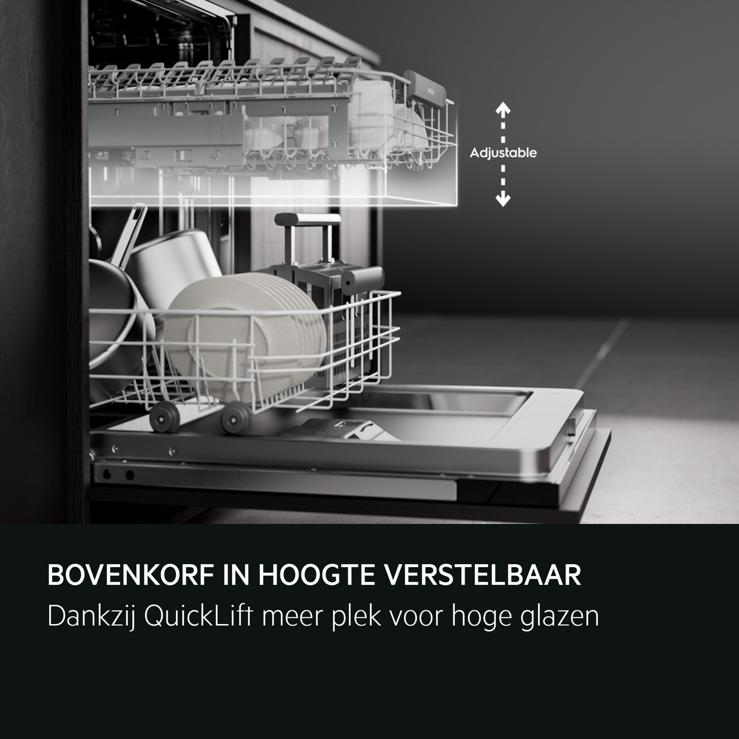 Dishwasher interior with adjustable top rack and clean dishes.