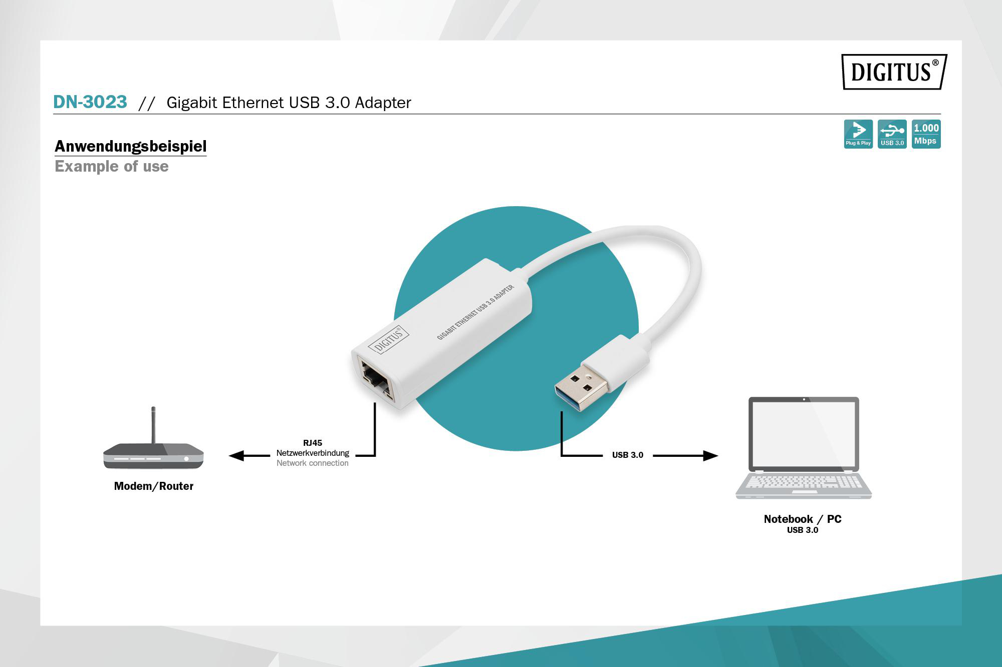 Diagramm, das einen Gigabit Ethernet USB 3.0 Adapter zeigt, der mit einem Modem/Router und einem Laptop verbunden ist.