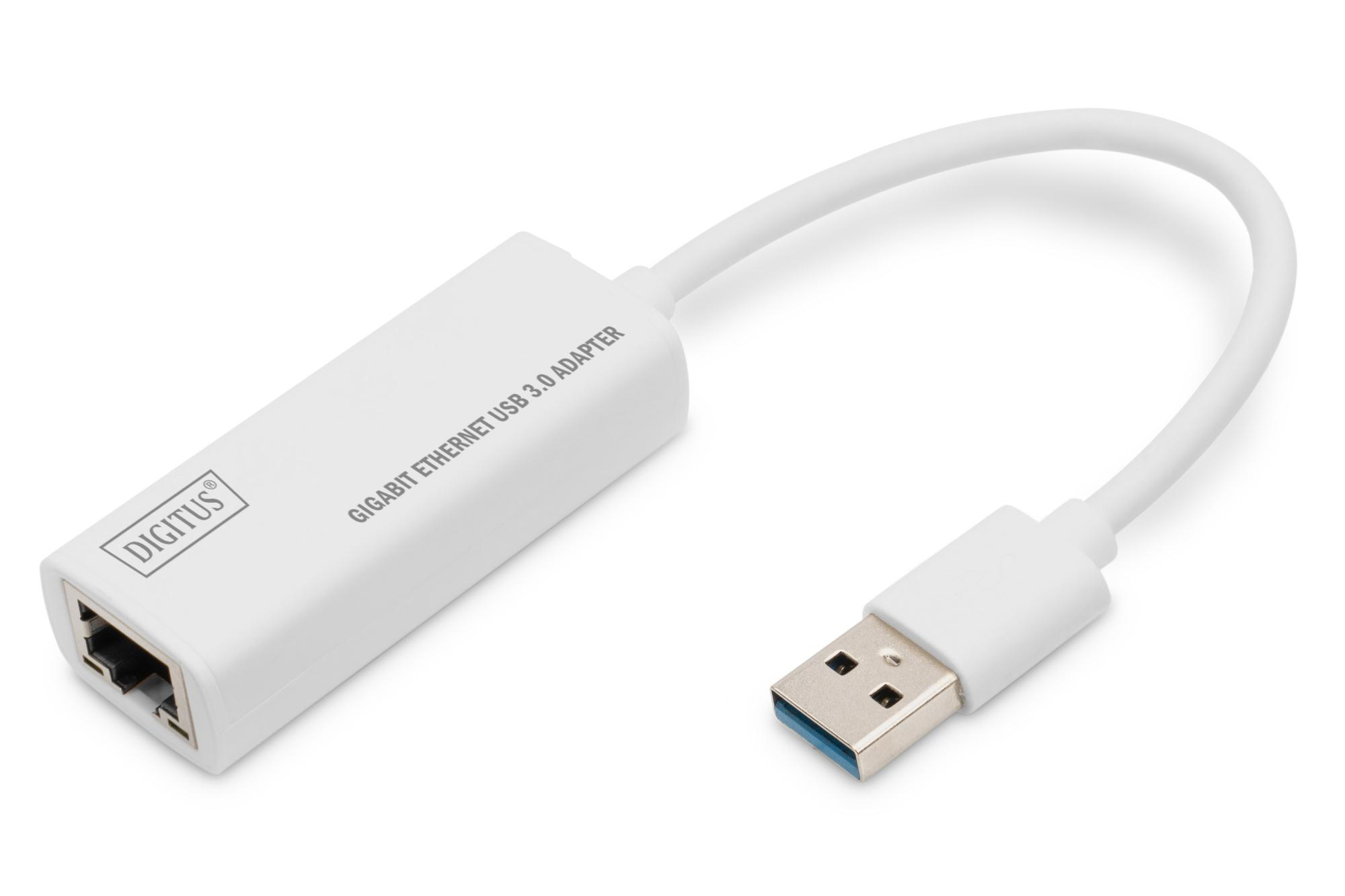 Weißer Digitus Gigabit Ethernet USB 3.0 Adapter, mit USB- und Ethernet-Anschlüssen.