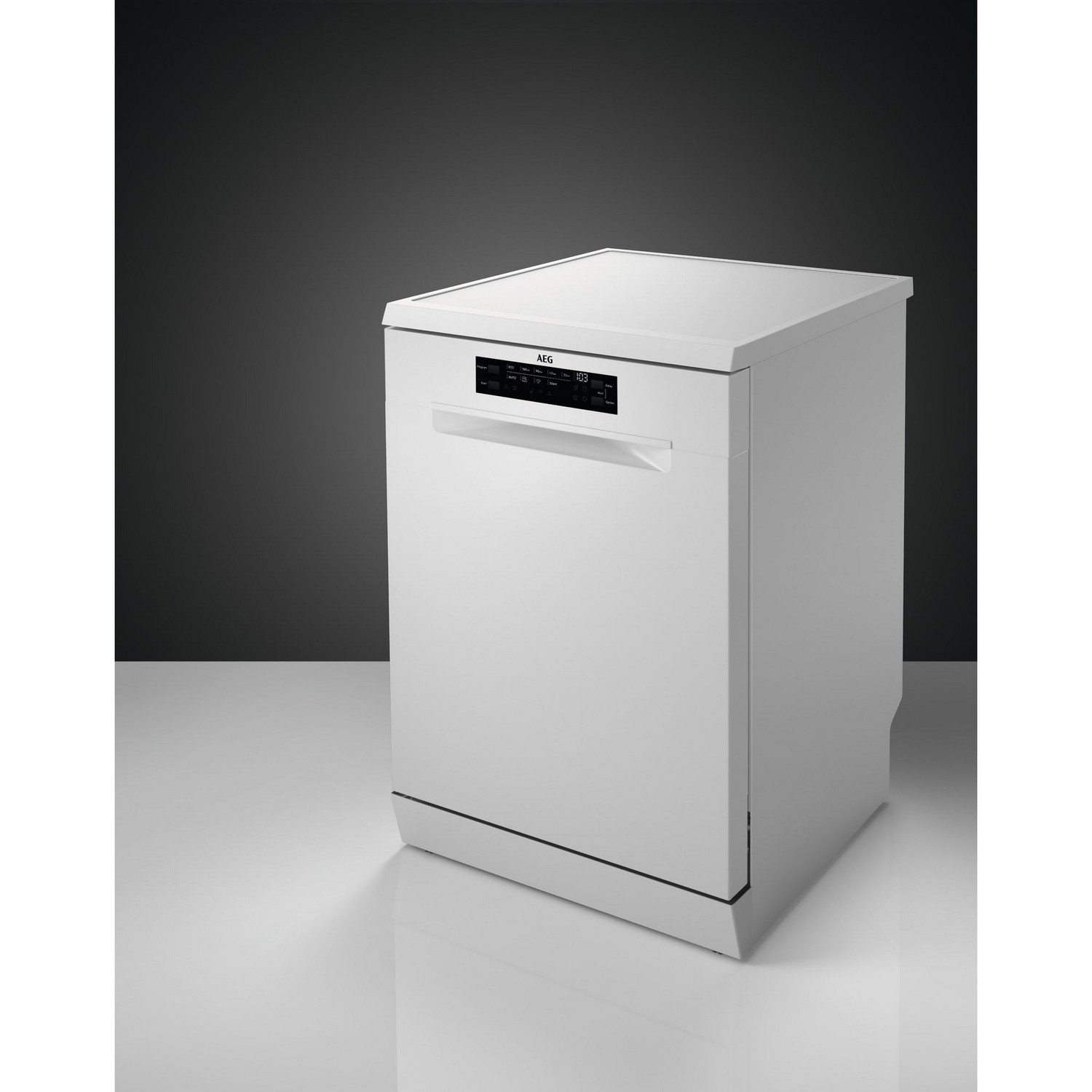 White dishwasher against a dark background, with a control panel at the top.