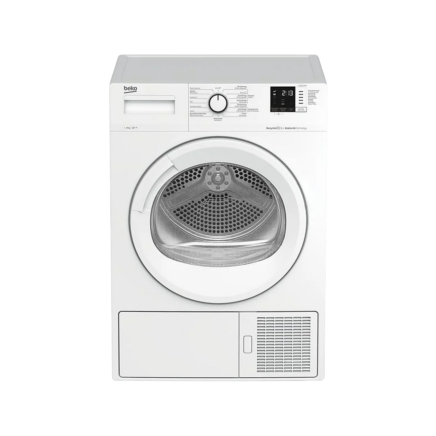 Sèche-linge Beko blanc avec porte avant et commandes sur le dessus. Affichage numérique en haut.