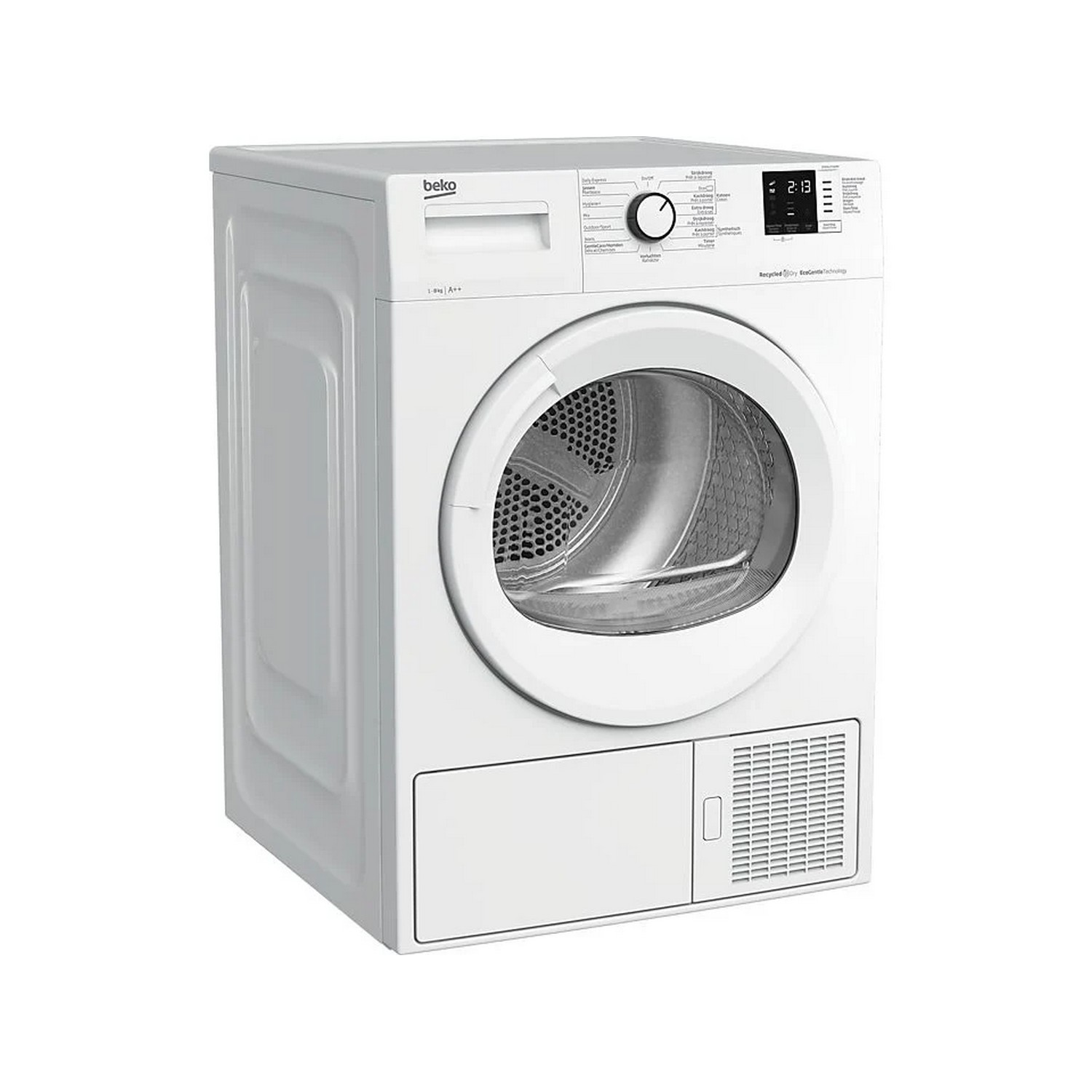 Sèche-linge blanc avec porte ronde et panneau de commande. Il a un tiroir en bas.