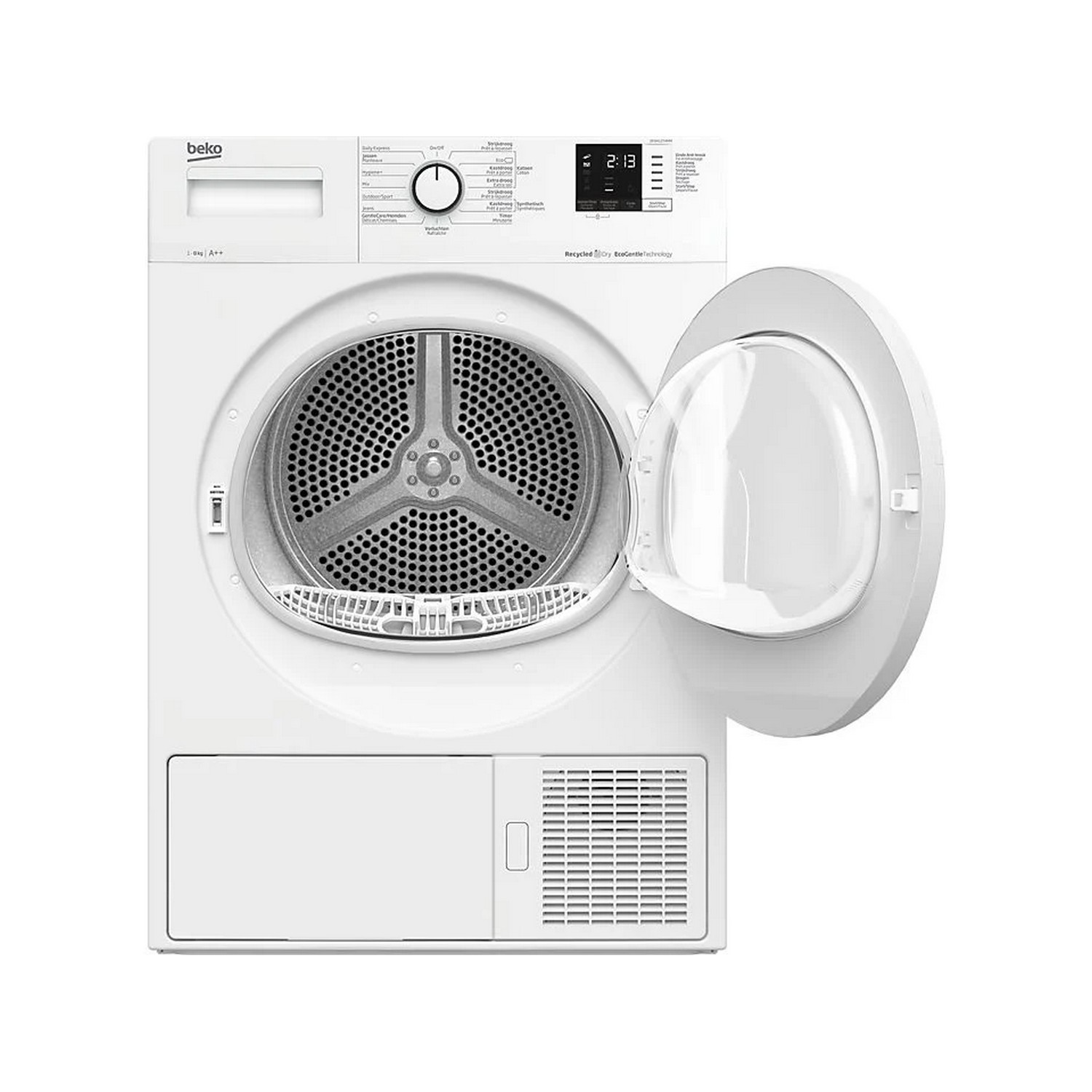 Un sèche-linge Beko blanc avec la porte ouverte. Le panneau de commande est en haut. Fond blanc.