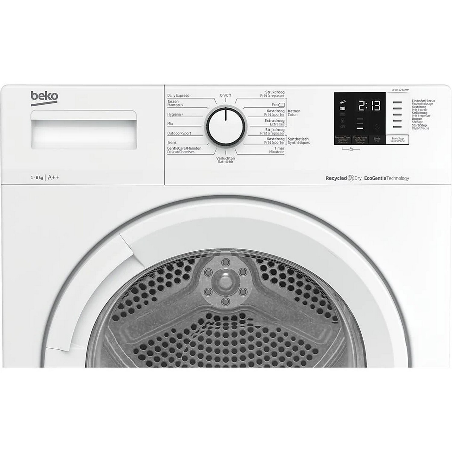 Sèche-linge Beko blanc avec panneau de commande et affichage numérique de l'heure.