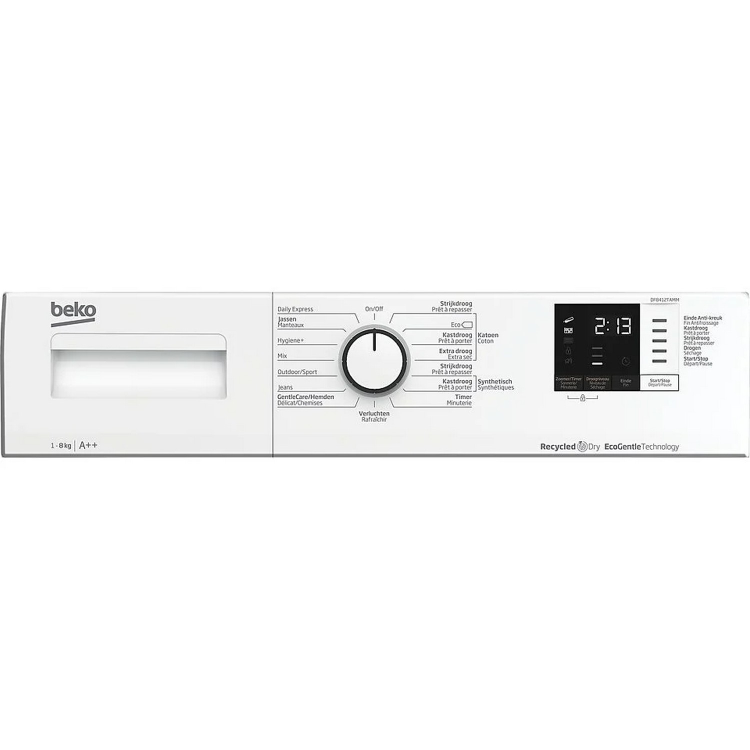 Panneau de commande de lave-linge affichant les options et un affichage numérique, le tout en blanc.