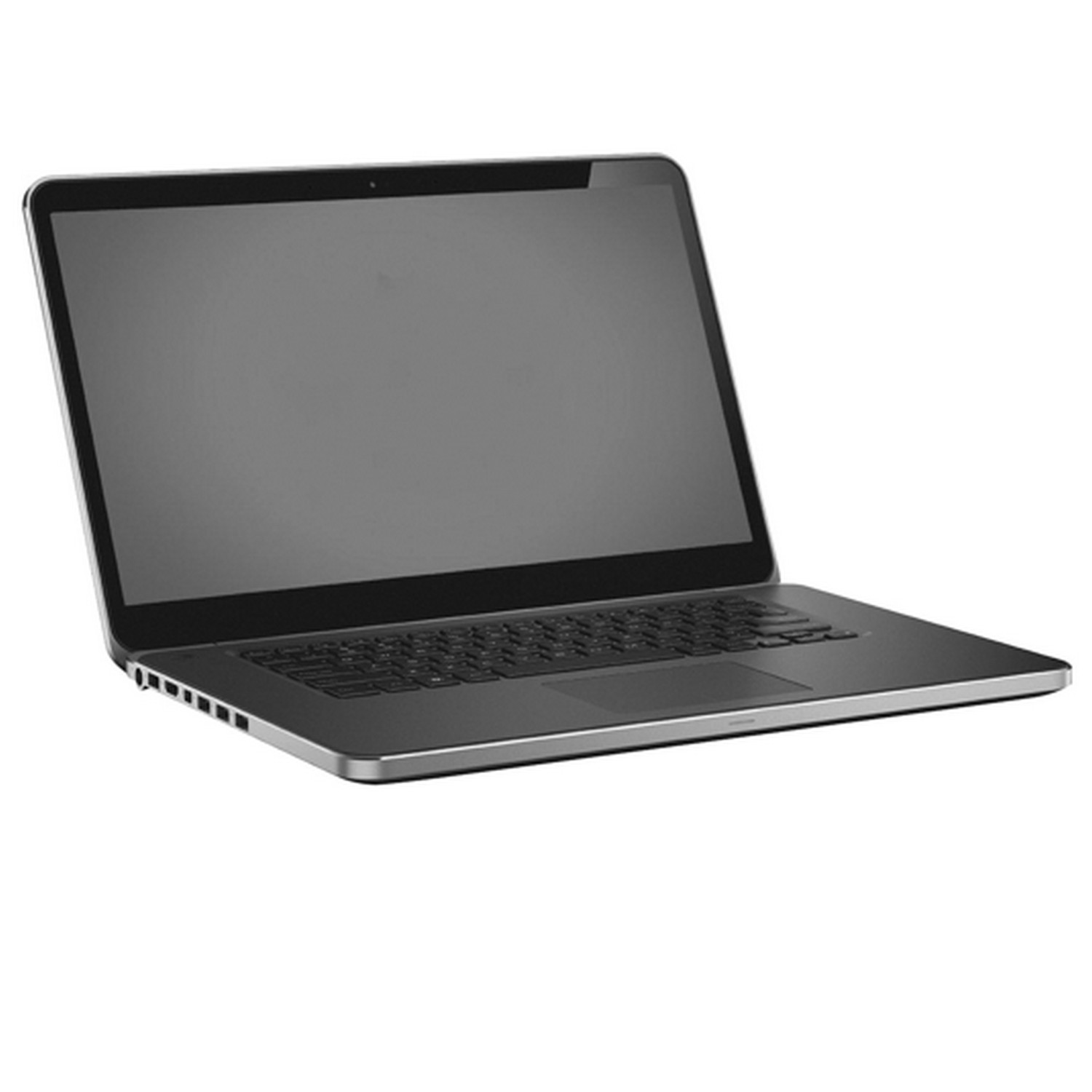 A laptop computer, closed, on a white surface, with a dark screen and keyboard.