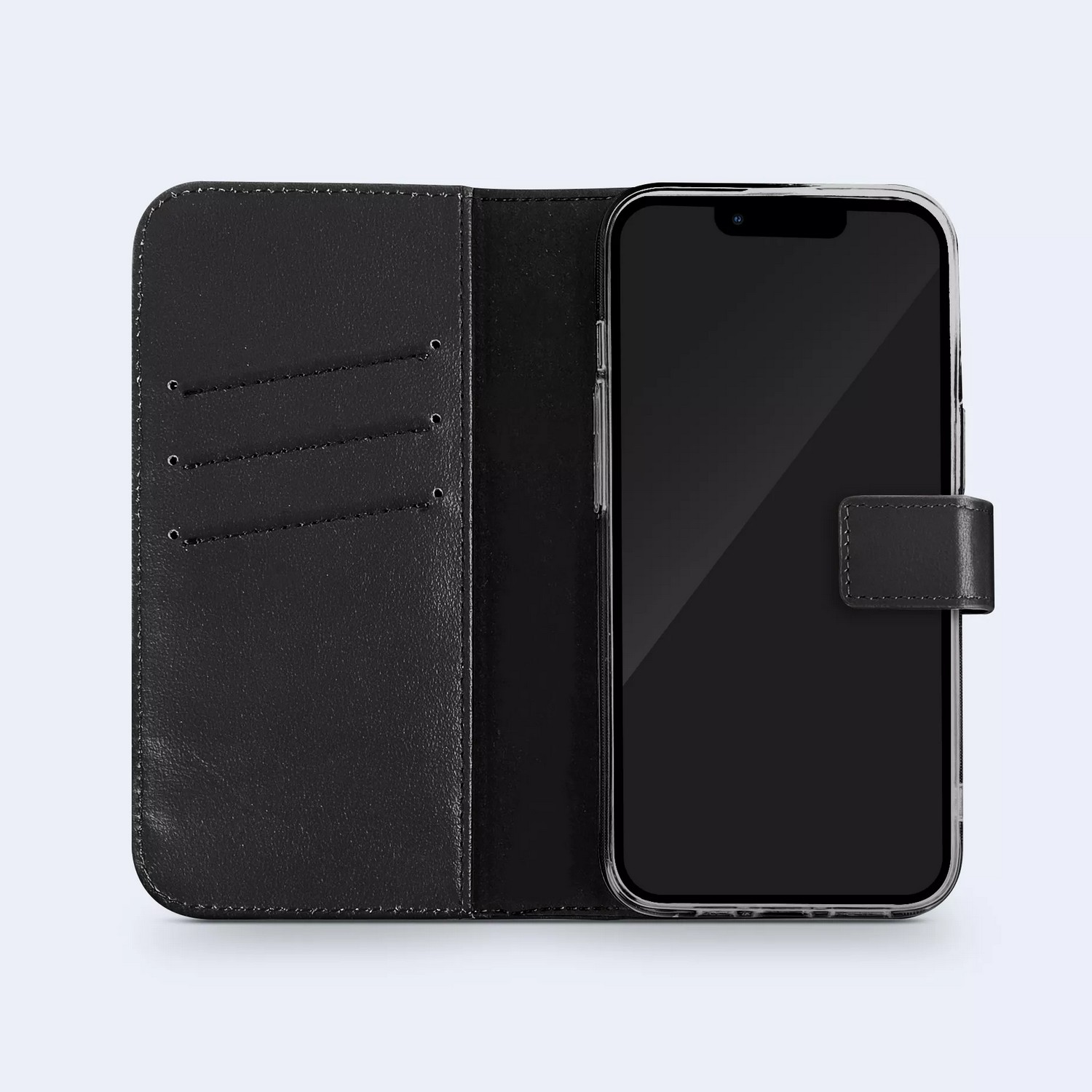 Étui de téléphone noir ouvert avec téléphone à l'intérieur, trois fentes pour cartes à gauche.