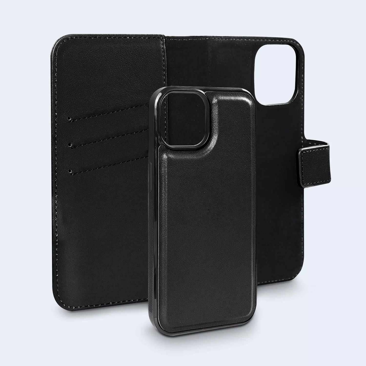 Coque de téléphone noire avec fonction portefeuille. Il a un téléphone et des emplacements pour cartes.