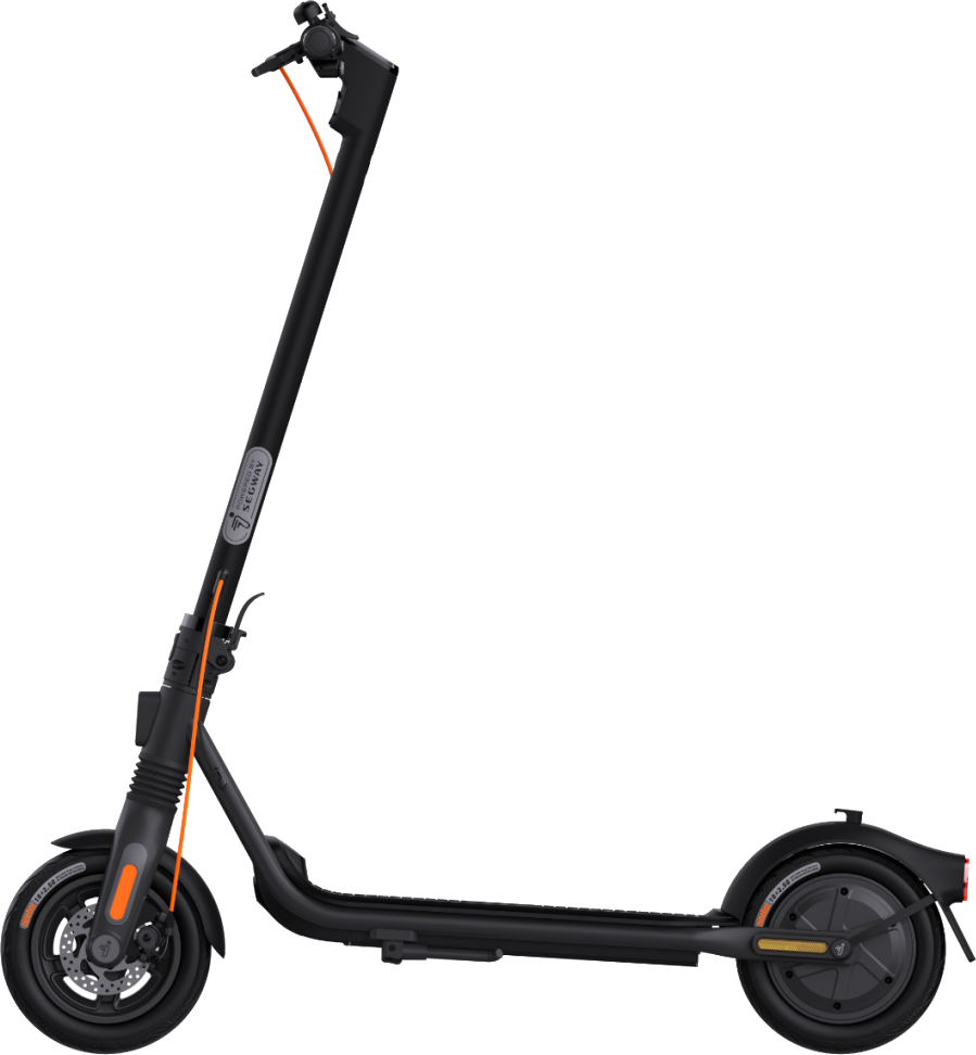 Schwarzer Ninebot Segway E-Scooter. Orangefarbene Akzente und schwarzer Lenker.