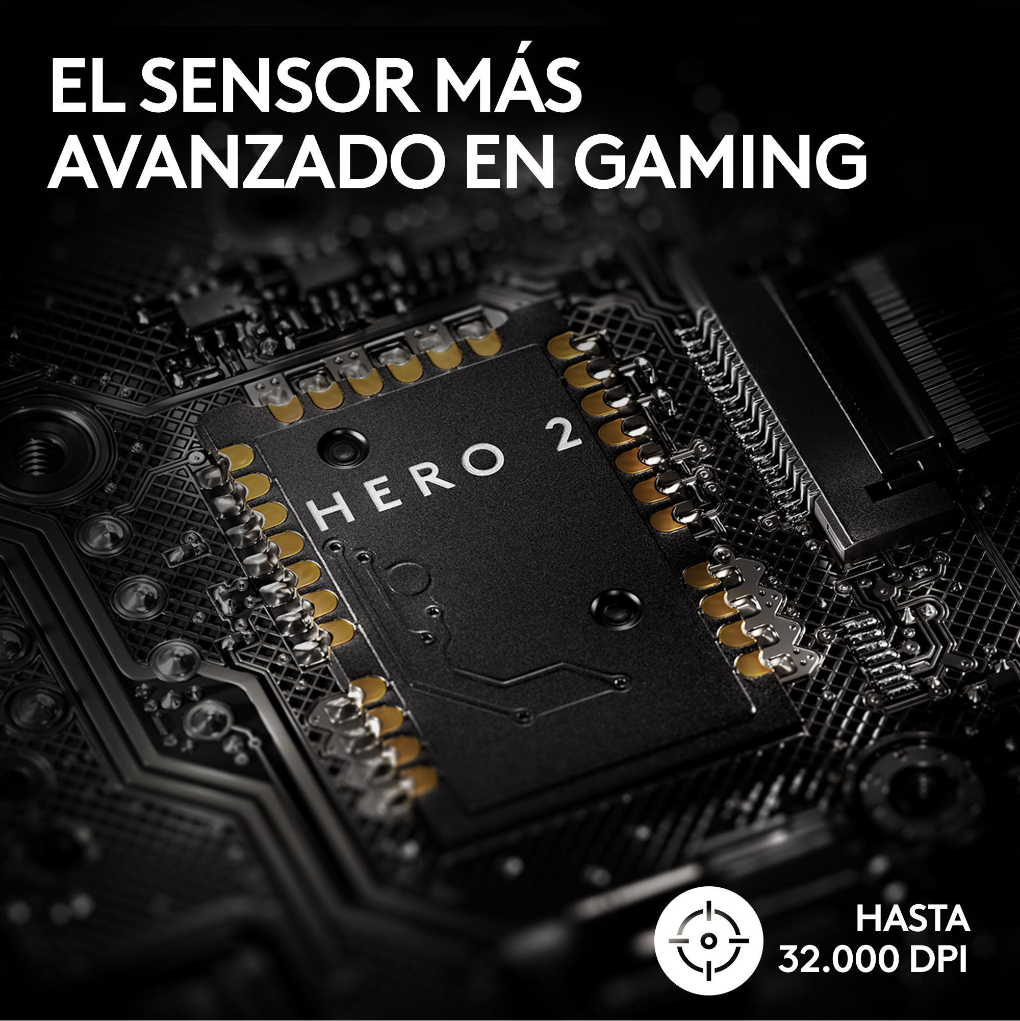 Primer plano de un chip de juego HERO 2 negro en una placa de circuito. Texto: El sensor más avanzado en juegos.