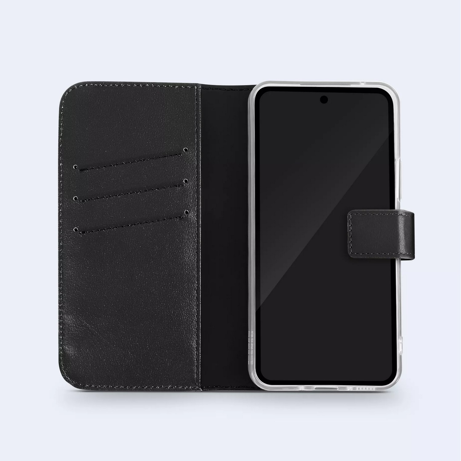 Black phone inside a black leather wallet case. Case has card slots.