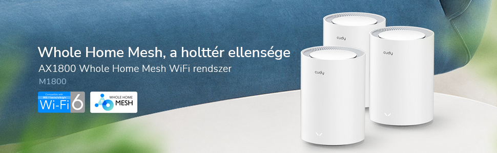 Három fehér, hengeres Cudy Whole Home Mesh router helyezkedik el egy kék felületen.