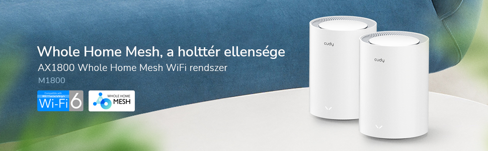 Két fehér WiFi mesh router kék háttéren, a Whole Home Mesh WiFi-t reklámozó szöveggel.