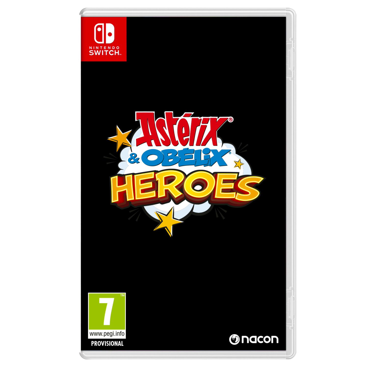 Nintendo Switch game case, zwart met Asterix en Obelix afbeelding.