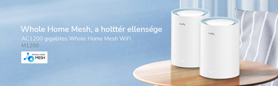 Két fehér, hengeres mesh wifi eszköz az asztalon. Szöveg az egész házat lefedő wifiről.