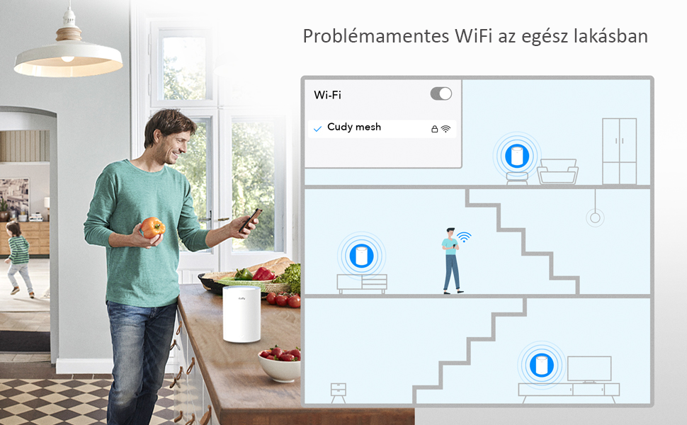 Egy férfi a konyhában egy almát tart, miközben a wifi hálózat látható.
