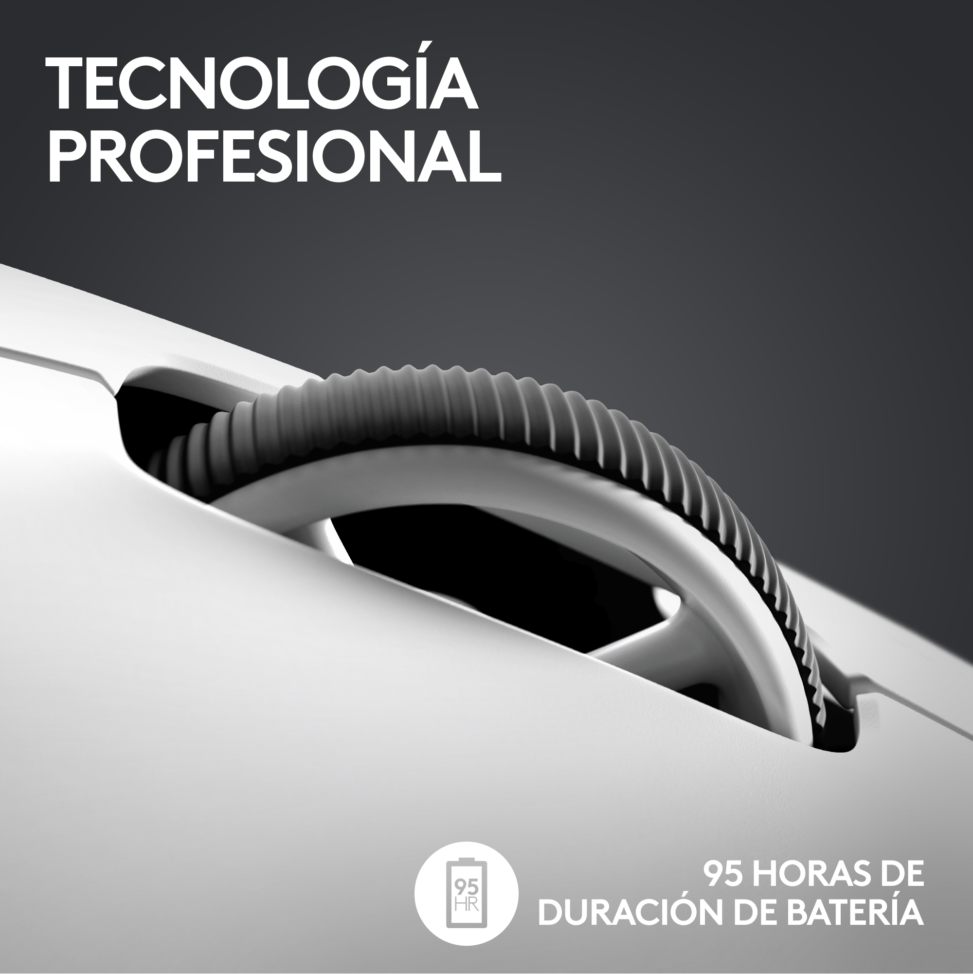 Primer plano de un ratón blanco con una rueda de desplazamiento negra, sobre un fondo oscuro.