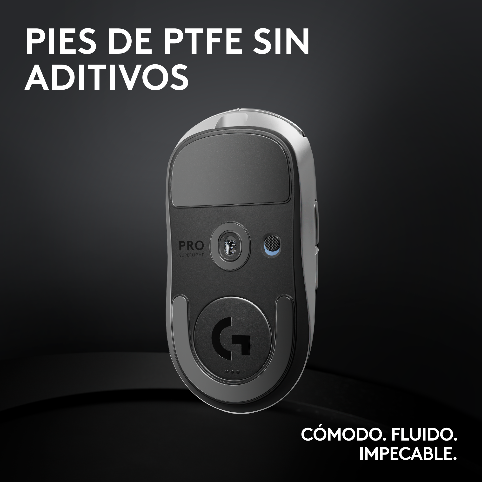 La parte inferior de un ratón negro con un logotipo y algunos botones.