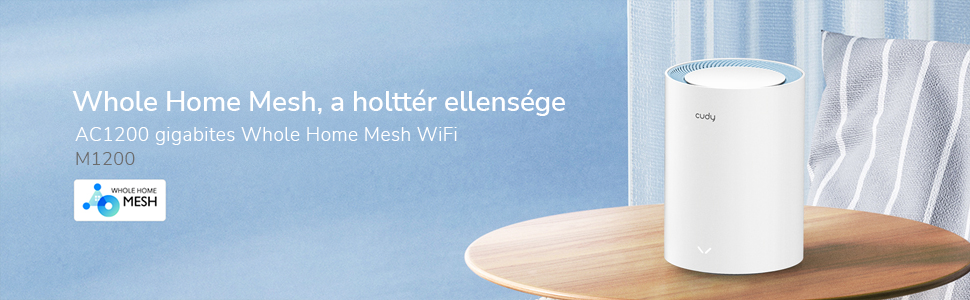 Fehér-kék router egy fa asztalon. A szöveg az egész otthoni mesh Wi-Fi-t írja le.