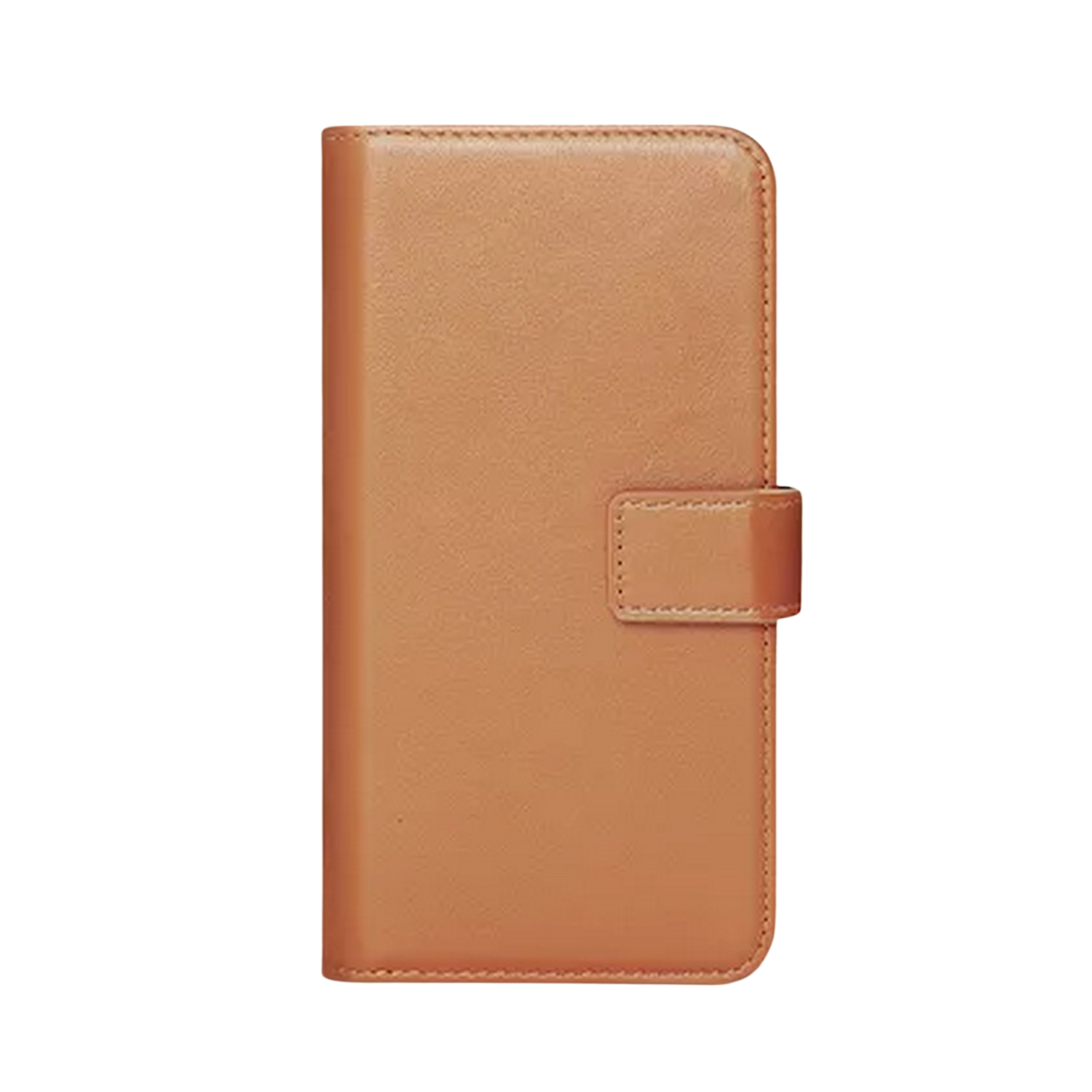 Étui de téléphone marron avec fermeture magnétique. Fond noir.