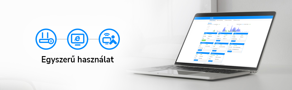 Laptop képernyő egy műszerfal felülettel. Ikonok és szöveg az internet használatára utal.