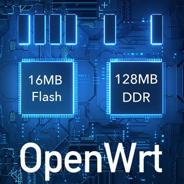 Kék és fekete kép egy mikrochippel és a '16MB Flash' és '128MB DDR' szöveggel.