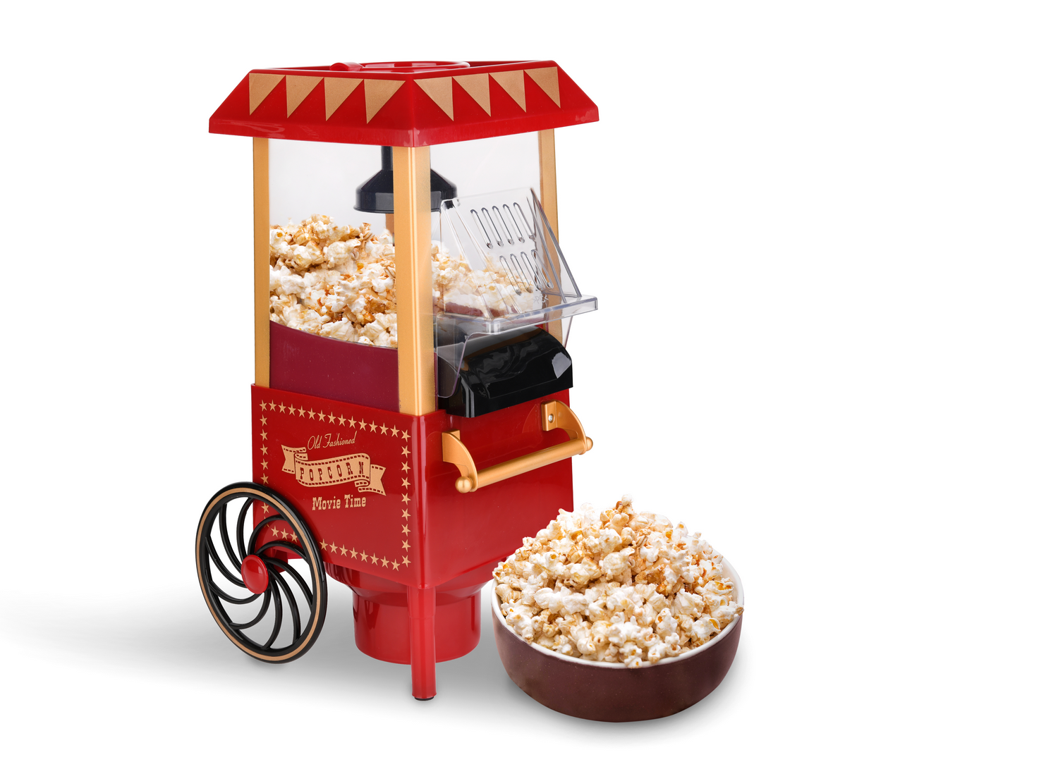 Máquina de palomitas roja con palomitas. Un cuenco de palomitas está delante.