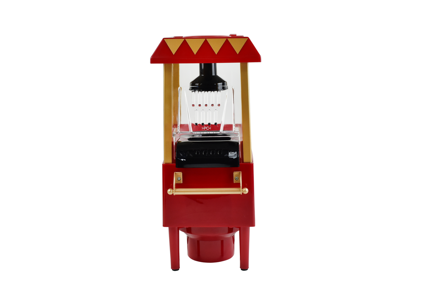 Máquina de palomitas roja y dorada sobre fondo blanco.