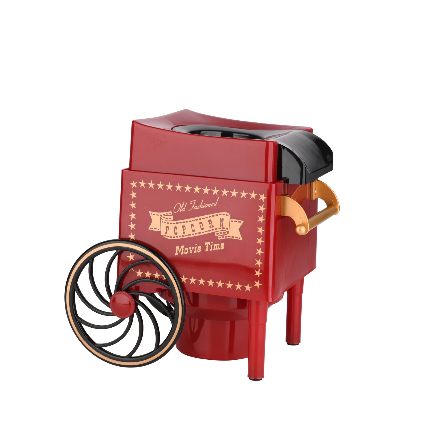 Máquina de palomitas retro en rojo, con asa dorada y rueda decorativa.
