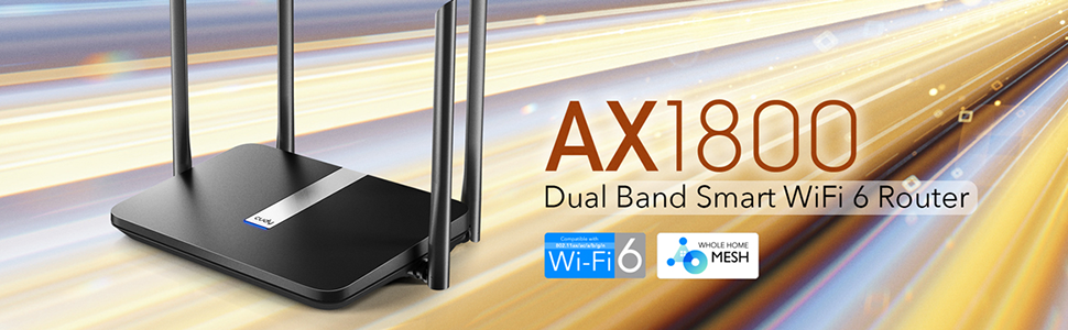 Fekete router négy antennával. Az AX1800 Dual Band Smart WiFi 6 Router szöveg és logók láthatók.