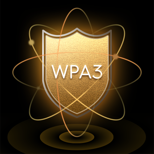 Egy arany pajzs a 'WPA3' felirattal, amelyet egy ragyogó narancssárga atomszerkezet vesz körül.