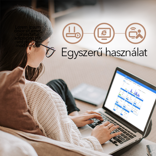 Egy nő laptopot használ a kanapén, felette szöveggel és használatot jelző ikonokkal.