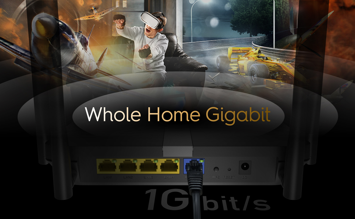 Fekete router Ethernet kábelekkel és játékosokkal. Szöveg: "Whole Home Gigabit".