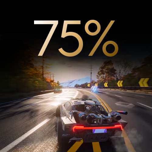 Versenyautó a versenypályán. A "75%" felirat arany színben a bal felső sarokban.