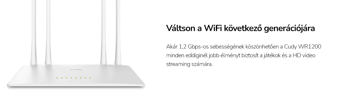 Egy fehér Cudy router antennákkal, mely a Wi-Fi következő generációját hirdeti.